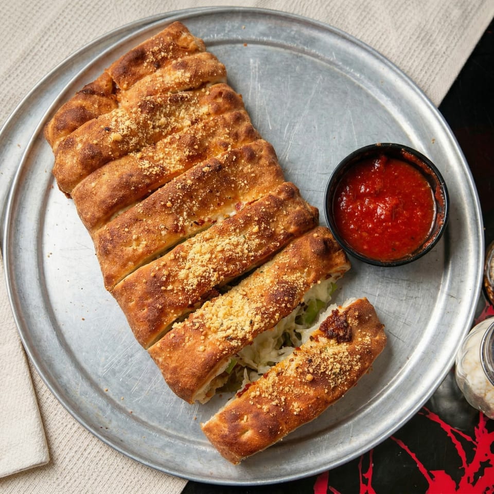 Golden-brown calzone cut into strips, sprinkled with parmesan, served with a side of marinara sauce.